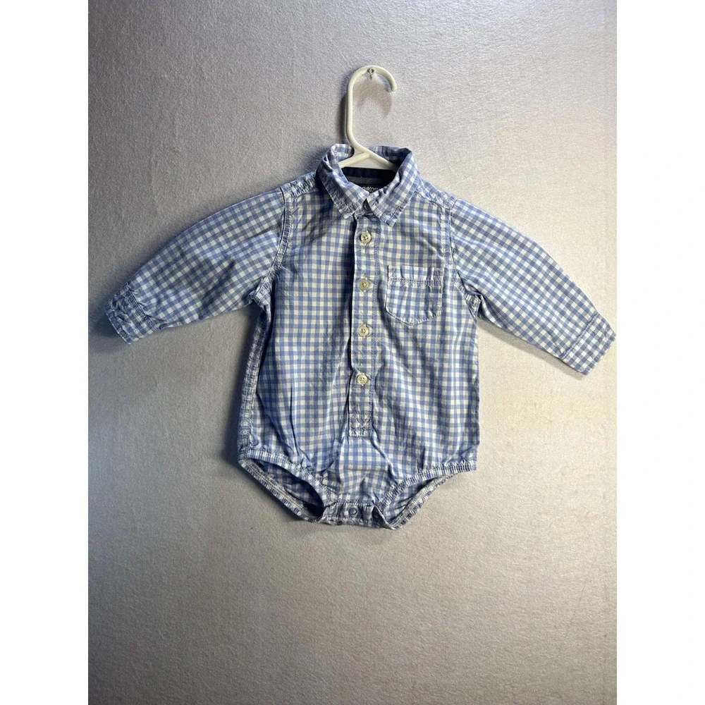 OshKosh B'gosh Blue/White Gingham Collared Long Sleeve Button Bodysuit 18M‎
